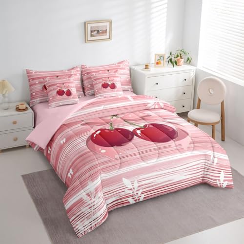 Image of Erosebridal Cherry Bow 7 Pieces Bedding Set Full Size Pink Valentine Comforter Set for Girls Romantic Bowknot Bowtie Bed in A Bag with Flat and Fitted Sheet Geometric Stripes Cottagecore Quilt Set