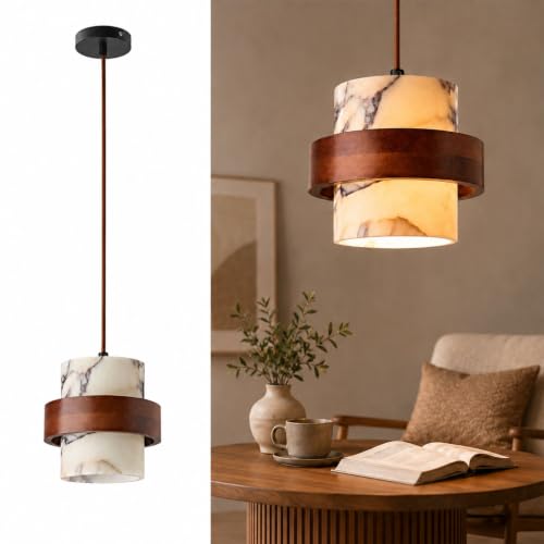 Suspension en pierre naturelle Calacatta Viola 15cm et bois
