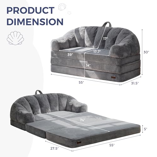 MAXYOYO Folding Sofa Bed, 2 in 1 Convertible Sofa to Lounger Comfy Loveseat Bean Bag Chair for Adults, Floor Sleeper Couch with Handle, Faux Fur Couch Bed for Living Room Bedroom, Grey, Loveseat by MAXYOYO - Image 2