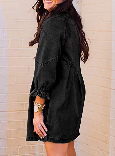 Image of Sidefeel Womens Smocked 3 4 Sleeve Button Down Denim Jeans Dresses