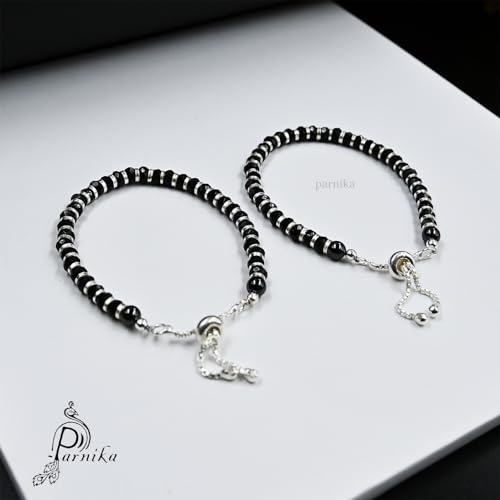 Image of Parnika (Formerly MJ 925 Traditional Silver & Black Crystals Baby Nazariya Kids Silver Bracelet in Pure 92.5 Sterling Silver for Kids - One pair