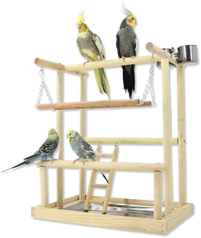 Parque de Juegos para Pájaros Gimnasio para Aves Stand Área de Juego con Soporte Perchas Columpio Escalera Bandeja para Agapornis, Loros, Madera, Tamaño 40x26x45.5 CM