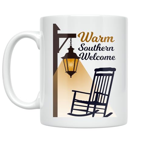 Southern Hospitality Coffee Mug - Warm Southern Welcome Design - 11 oz White Ceramic - Inviting Porch Light Style