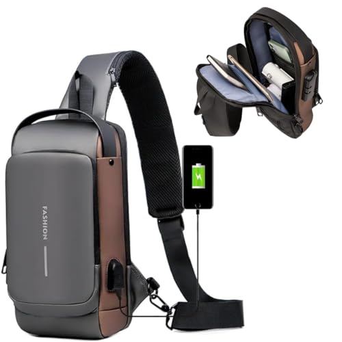 Mochila masculina com cadeado à prova d'água anti-roubo bolsa com porta de carregamento USB bolsa de ombro mochila transversal Cinza com Dourado ®Hallure