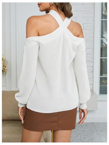 Image of MakeMeChic Women's Off The Shoulder Sweater Halter Criss Cross Pullover | Cozy, Knitted, Sweaters Tops, Long Sleeve, Fall Outfits, Winter Sweaters, Party, Knit Tops