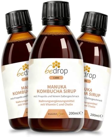 bedrop Manuka Kombucha Sirup I Mit Cholin und Vitamin C I Mit hochwertigem Manuka Honig +500 MGO & Propolis Extrakt - 200ml (3er Pack)