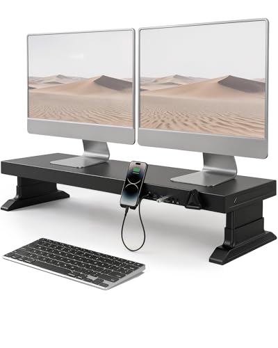 Image of Height Adjustable Dual Monitor Stand Riser with 6-Port USB Hub, Black | Fits Dual 27 inch Monitors, Charge & Sync Multiple Devices, Ergonomic Height, Solid Steel Material, Cable Management, Quick Setup