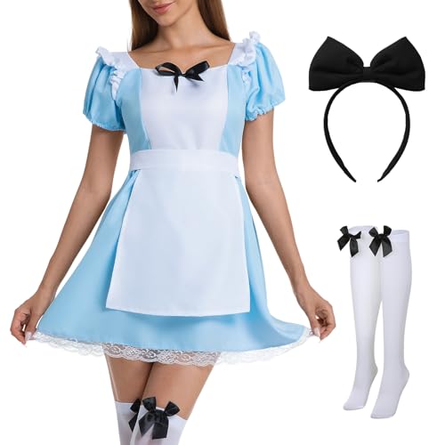 Bwlizfuz Women's Blue and White Maid Dress with Apron, Alice Halloween Costume Short Puff Sleeves Square Neck Lace Hemline Ruffle Shoulder 3-Piece Set with Hairband and Stockings for Adult Cosplay M