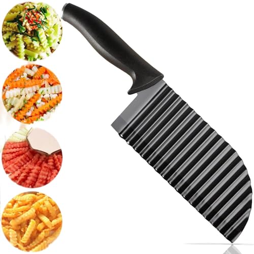 BenQuand Wavy Potato Knife/Stainless Steel Waves French Fries Slicer Handheld Chipper Chopper/Vegetable Salad Chopping Cutter/Crinkle Home Kitchen Cutting Tool (Black)