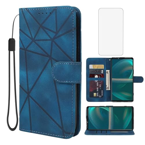 Wanyuexes Case for Xperia 5 III Case, Sony 5III 5G XQ-BQ72 Wallet Case with Tempered Glass Screen Protector, Skin Feel PU Leather Flip Credit Card Holder Stand Phone Cover for Sony Xperia 5 III Blue