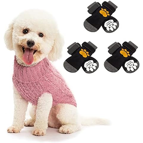 SCIROKKO Turtleneck Dog Sweater(Pink/S) with 3 Pairs Anti-Slip Dog Socks(Small) - Best Winter Gift for Doggies Keep Warm, Paw Protection Indoor Easy Control Cover