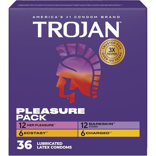 Trojan Pleasure Pack, Assorted Latex Lubricated Condoms for Men, Her Pleasure, Bareskin Studded, Ecstasy & Charged Varieties, 36 Count