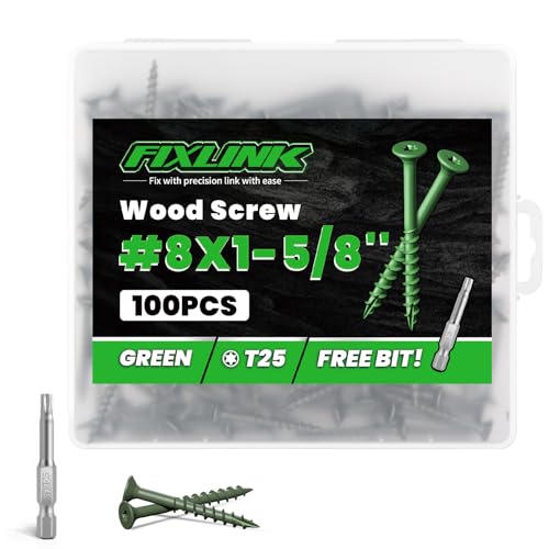 Image of Wood Screws 1-5 /8 Inch, FIXLINK Deck Screws #8 x 1-5 /8 inch, 100 PCS, Epoxy Coated, T25 Star Bit Above 1500 Hour Salt Spray Coating Outdoor Decking Screws Excellent Rust Resistant for Wood Fence, Green