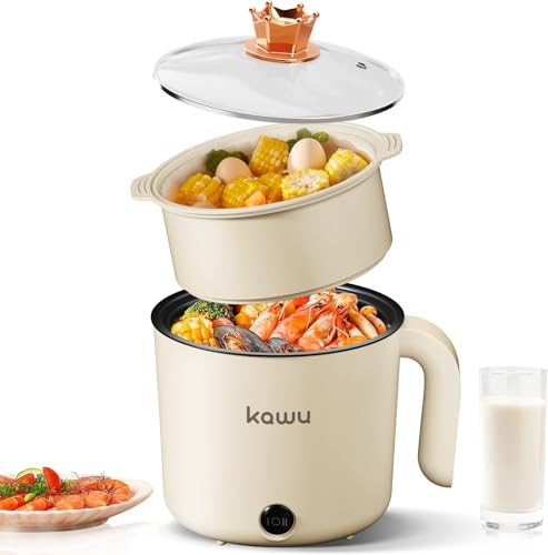 KAWU Electric Hot Pot 1.5L Mini Multi-Function Electric Cooker Portable Cooker Non-Stick Pan for Stir-Frying Noodles Pasta Cooking Dual-Power Control Ramen Pot for Dorms and Offices