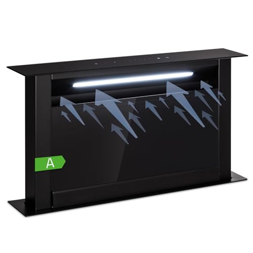 Klarstein Downdraft Cooker Hood, 90cm - With a 714 m³/h boost airflow, 8 extraction modes, LED lights, and a timer. A sleek, quiet, vent-free option for your kitchen in black, 60cm.