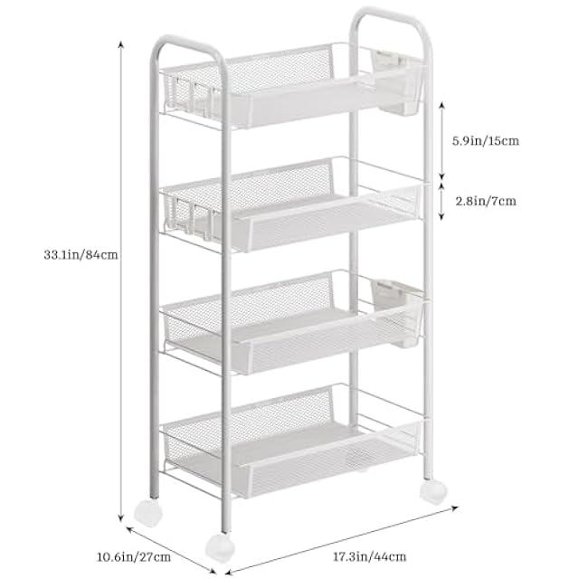5-Tier Snack Storage Rack with Wheels, Stackable Metal Kitchen Organizer Cart, Carbon Steel Wire Basket for Pantry, Bathroom, Laundry Room, Easy Tool-Free Assembly, 17.32x10.63x41.34 Whit-OJEVDC18