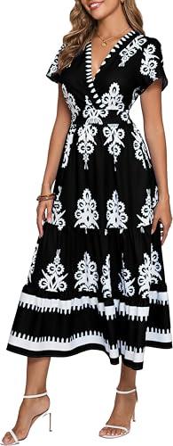 Image of Floral Print Dress for Women Boho Long Dresses Flowy A line Dresses Fit for Office and Casual Vacation Cocktail Party Prom