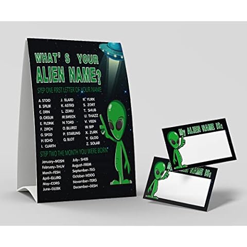 shupai What's Your Alien Name Game, 1 Alien Theme Sign and 50 Name Tag Stickers, Birthday Game for Kids and Adult Parties, Activity Game for Office or Class | F014 Cover