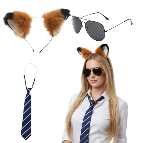 SrgPui 3 Pcs Set Fox Costume Accessory Set Faux Fox Ears Headband Tail Bow Tie Sunglasses Tie for Kids & Adults Cute Animal Costume for Halloween Cosplay Accessory Fancy Dress Party