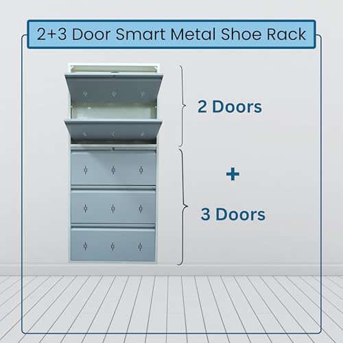 Image of Metal Shoe Rack with Door | Fits Size 12 Shoes | 30 Inch Wide Wall Mounted Steel Cabinet | CRC Heavy Duty Powder Coated | 3 Compartments Per Shelf | Chappal Organizer (Pastel Blue, 5 Doors)