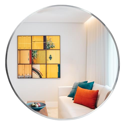Image of Oruii Silver Round Mirror 28 inch, Large Circle Mirror Metal Frame Brushed Nickel, Large Silver Circular Mirrors for Living Room, Dining Room, Entryway, Hallway, Foyer, Bathroom, Wall