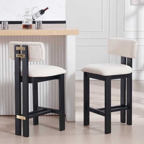 Image of BESTANO 26 inch Counter Stools Set of 2 Counter Height Bar Stools with Back and Black Solid Wood Legs Modern Farmhouse Linen Upholstered Kitchen Bar Stools Countertop Bar Chairs, Beige