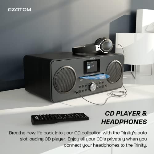 DAB DAB+ Digital FM Radio, CD player, Bluetooth Stereo Speaker System, USB charger, USB MP3 player, Premium Sound, Alarm, Equalizer, Remote Control (AZATOM Trinity All Black)