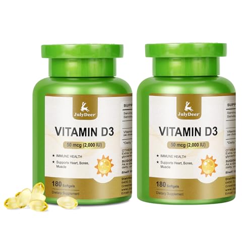 JulyDeer 2 Bottles Vitamin D3 2000 IU (50 mcg) 360 Softgels | Supports Immune Health, Calcium...
