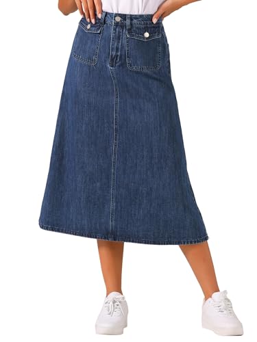 Allegra K Long Jean Skirts for Women's High Waisted Flap Pocket A-Line Vintage Denim Maxi Skirt