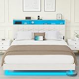 DEWINNER Lit 140x190 avec Sommier | Cadre Flottant | Lit Double avec LED Réglable | Multiprise | Sommier à Lattes | Lin Blanc | Idéal pour Chambre Moderne et Confort de Nuit