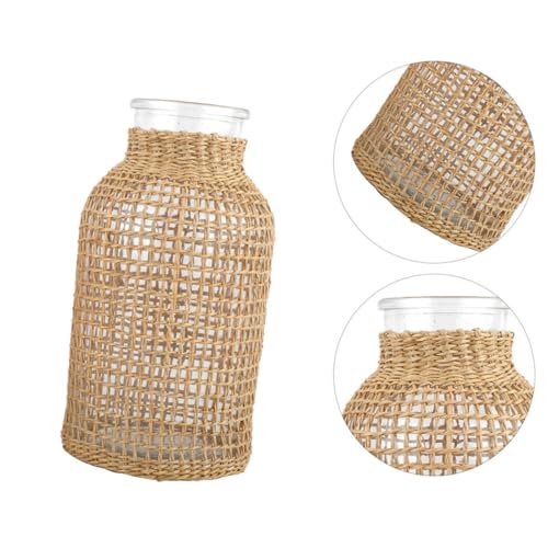 Vase à fleurs en verre contenant pratique tressé en rotin - 8