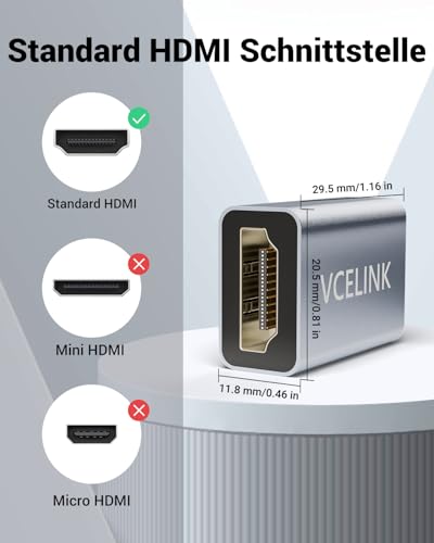 VCELINK HDMI Kupplung 8K, HDMI Buchse auf Buchse, unterstützt 8K@60 Hz/4K@120 Hz UHD, 7680 * 4320 Auflösung, 3D, HDR, eARC für Laptop, PCs, Monitore, Roku TV, 2 Stück