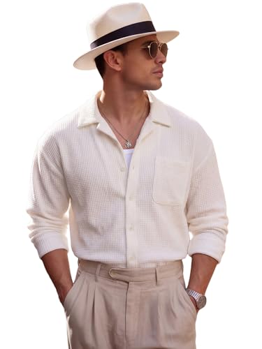 Mens Long Sleeve Button Down Shirts Old Money Cuban Collar Shirt Jacket Casual Textured Loose Shacket with Pocket