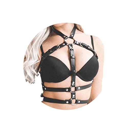 Jerany Punk Black Leather Body Chains Bra Sexy Bikini Body Chain Belts Nightclub Waist Harness Rave Body Harness for Women