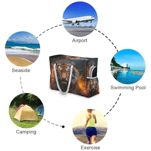 Flaming Tiger Beach Bag & Travel Tote Bag Large Sandproof with Zipper Closure, Wet Pouch for Swim Gym Travel, Lightweight Foldable Outdoor Bag4