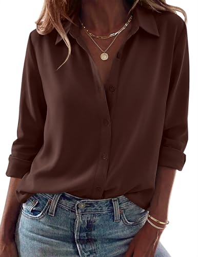 Zeagoo Blouses for Women Dressy Casual Long Sleeve Brown Tops Oversized Button Down Shirts Early Fall Fashion Clothes