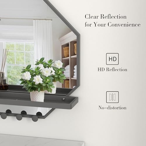 Image of BEAUTME 20x20 inch Octagon Wall Mirrors with Shelf and Hooks, Metal Framed Octagon Mirror for Entryway, Modern Farmhouse Decor Wall Mounted Mirror for Living Room Bedroom Entryway (Grey)