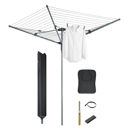 VonHaus 45m Rotary Washing Line – 4 Arm Outdoor Clothes Airer with Collapsible Umbrella System, 360° Rotating Airer, Line Tension Adjustment