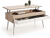 Madera Chapa de Roble natural, con tratamiento anti-humedad. Dispone de cajón deslizante y tapa elevable. Las patas y el cajón son de madera maciza acabado lacado blanco.