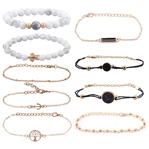 Leslady Bracelets Femme Joli Empilable Ensembles De Bracelets Ethnique Bracelet Réglable Manchette Chaines Bijoux Elégant Perles(Noir)