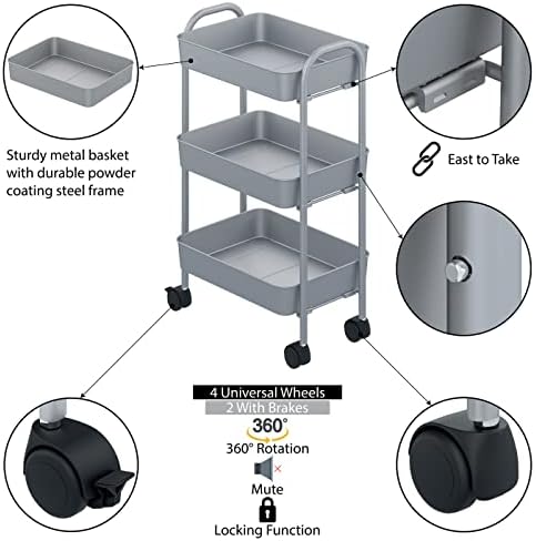 Mabel Home Storage Cart 3 Tier with Wheels and Handle, Metal Storage Utility Rolling Trolley, Multi-Purpose (Black)