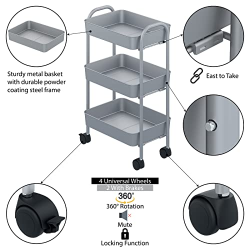 Mabel Home Storage Cart 3 Tier With Wheels And Handle, Metal Storage Utility Rolling Trolley, Multi-Purpose (Black) #TOP6