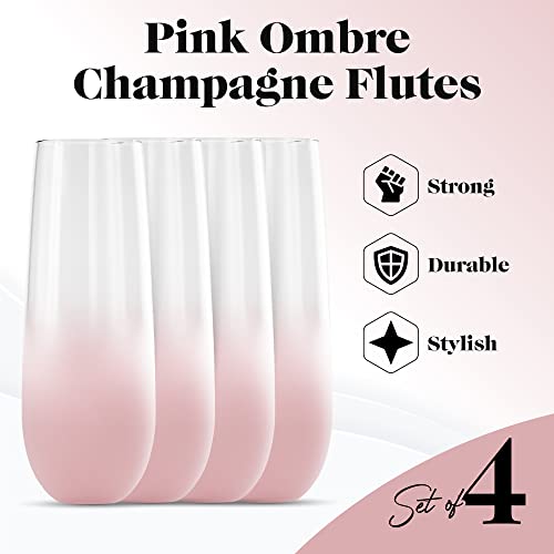 Trina Turk Ombre Frosted Stemless Flutes | Set Of 4 | Made Of Glass | 10-Ounce | Champagne Wine Glasses For Rose And Mimosas | Cocktail Drinking Glass Set (Pink) #TOP1