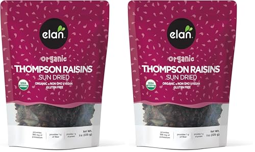 Elan Organic Sun-Dried Thompson Raisins, 7.9 oz, Dried Fruits, No Added Sugar, Non-GMO, Vegan, Gluten-Free, Kosher, Healthy Snacks, Naturally Sweet Snack (Pack of 2)