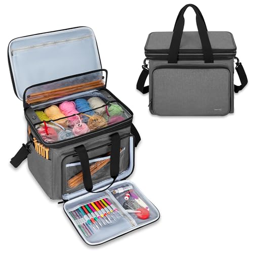 Teamoy Knitting Bag with Divider and Cover, Portable Yarn Storage Organizer for Crochet Accessories and Knitting Needles,Ideal for Knitting Enthusiasts, Gray