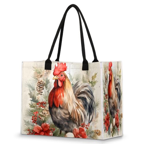Watercolour Berry Flower Rooster Tote Bag for Women Large 16.5x13x6.7 Inch Shoulder Bag with Zipper Pocket Felt Work Bag for Laptop Travel Shopping Beach Pool