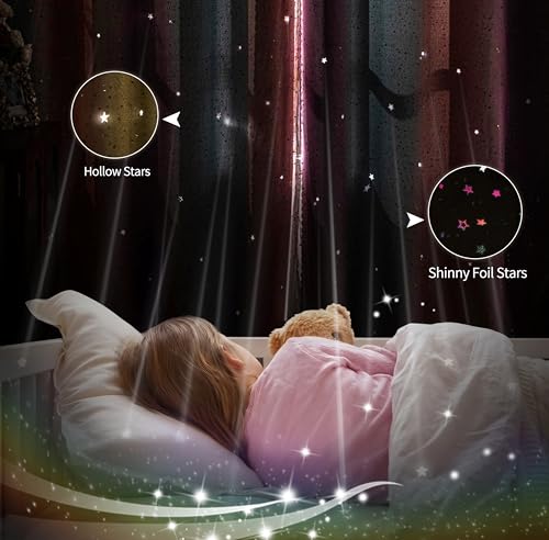 Image of 52x95 Mix & Match Double Layer Laser-Cut Stars Gradient Blackout Curtains with Foil Print Sheer, 2 Panels Set - Purple Blue Pink