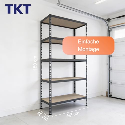 TKT – Work System Steckregal mit Holzböden & Unterzug 180x92x46cm - Regal mit 265kg Tragkraft pro Boden. Schwerlastregal mit 5 Böden für Werkstatt, Wohn- & Kellerraum. Anthrazit