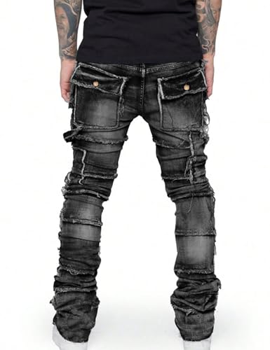 Mens Ripped Cargo Jeans Y2k Distressed Straight Leg Denim Pants Slim Fit Stretch Jeans for Men3