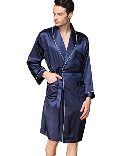Haseil Men's Satin Kimono Robe Spring Summer Shawl Collar Sleepwear Classic Silk Bathrobes, Royal Blue,Tagsize3XL=USsizeL/XL - Thumbnail 4